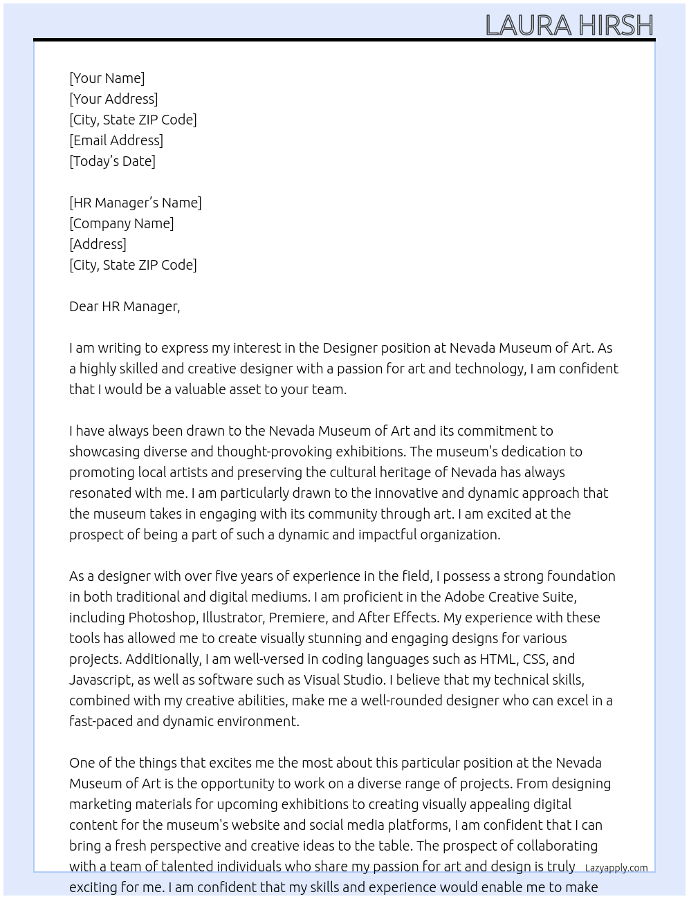 Designer At Nevada Museum of Art Cover Letter