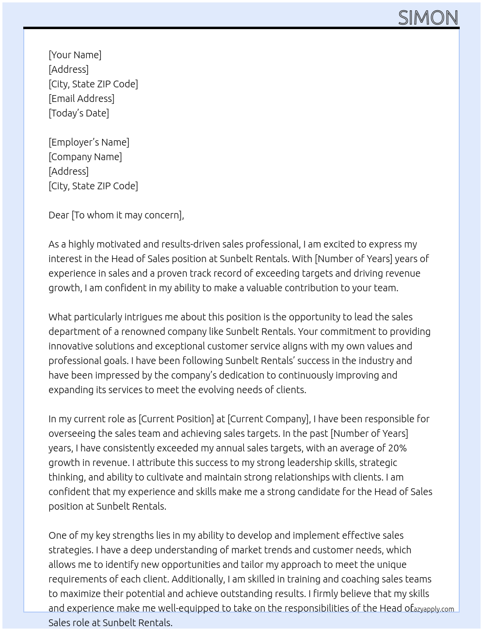 Cover letter for head of sales - LazyApply