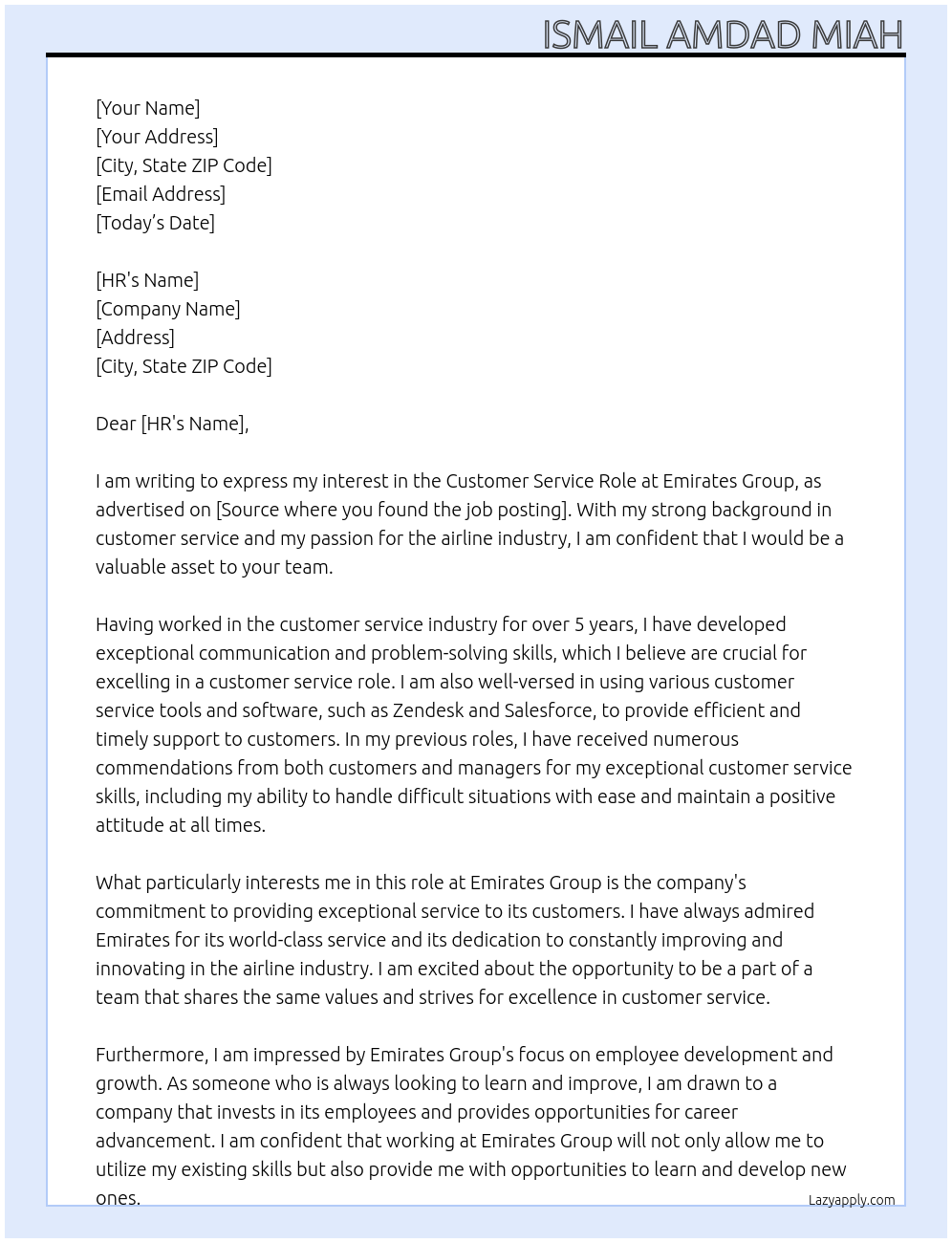 Customer service role At Emirates group Cover Letter