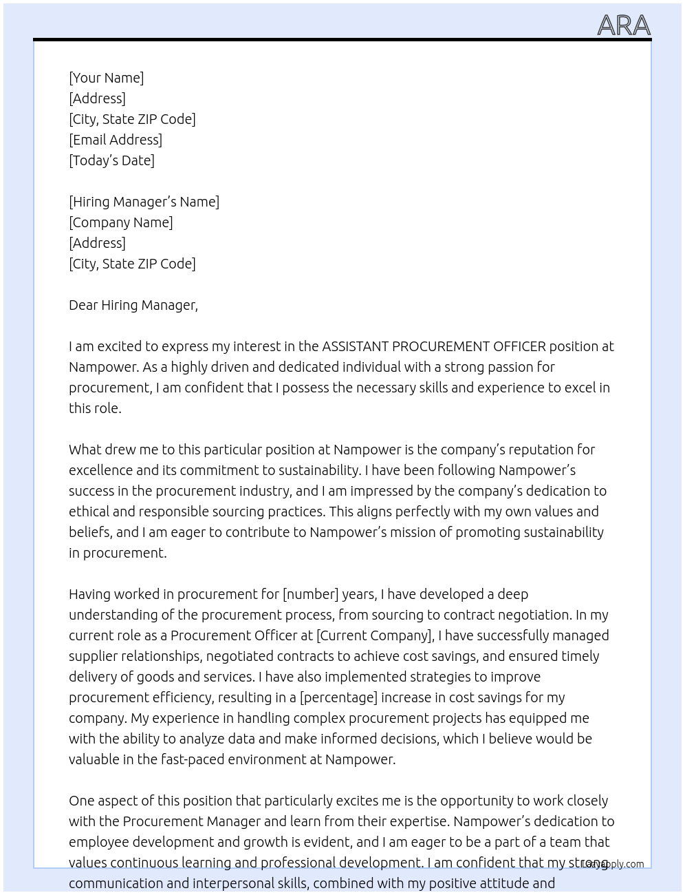 ASSISTANT PROCUREMENT OFFICER At Nampower Cover Letter