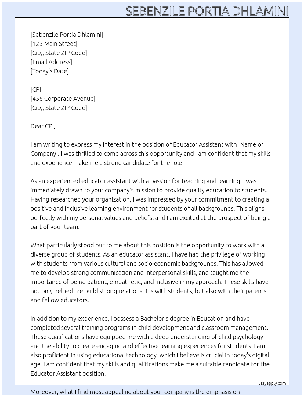 Educator Assistant  At Admin Assistant Cover Letter