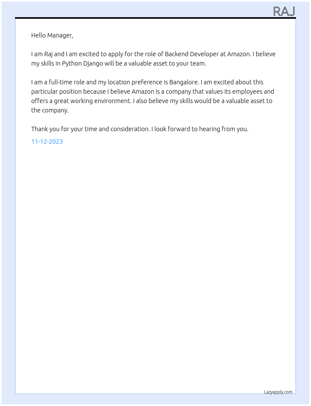 Backend Developer At amazon Cover Letter