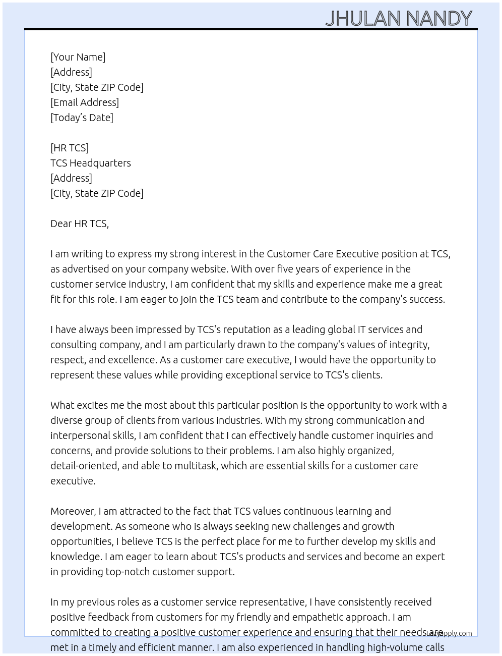 customer care executive At TCS Cover Letter