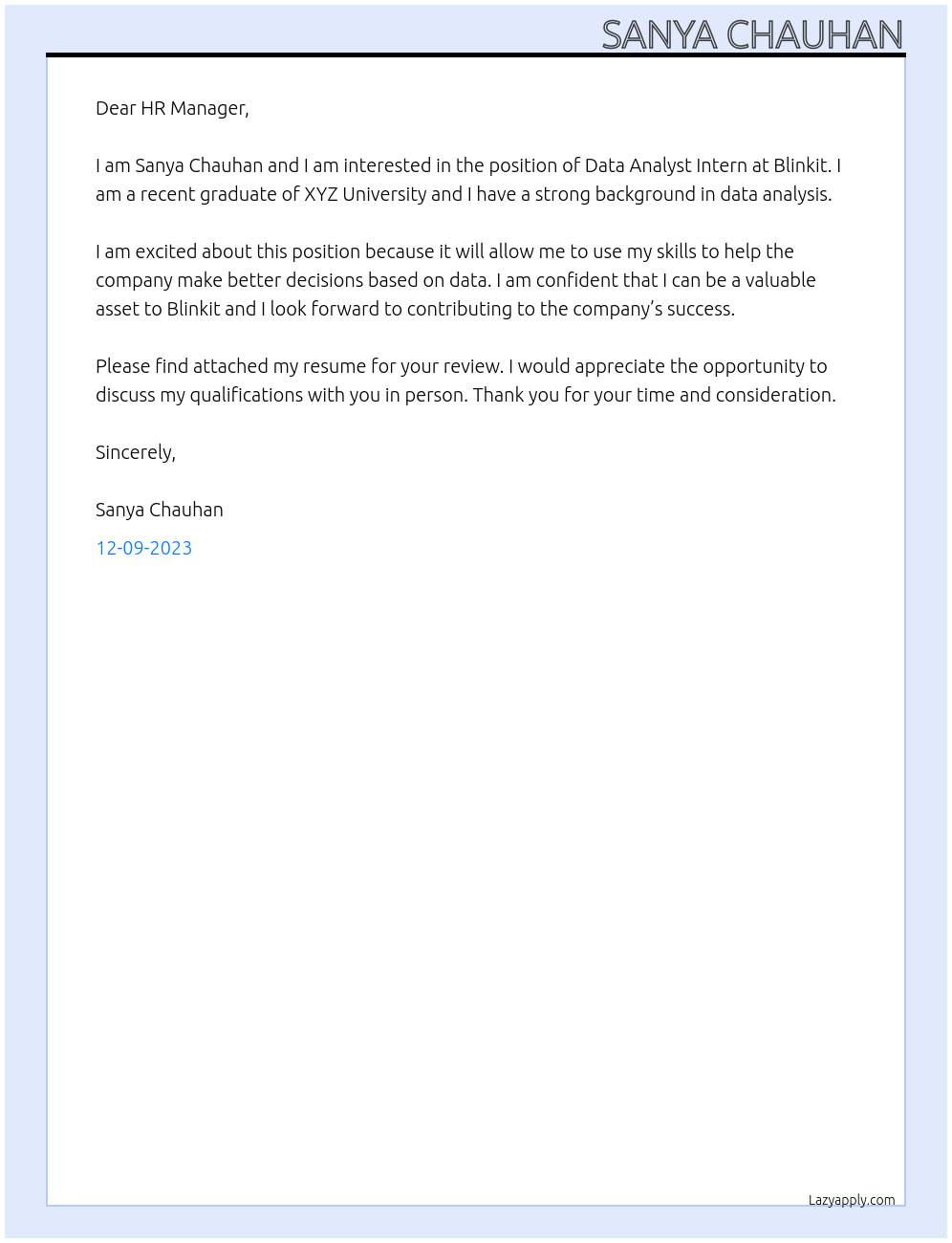 Data Analyst Intern At Blinkit  Cover Letter