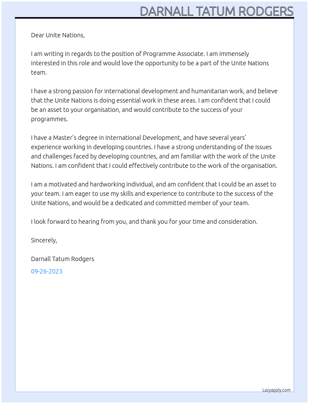 programme associate At Unite Nations Cover Letter