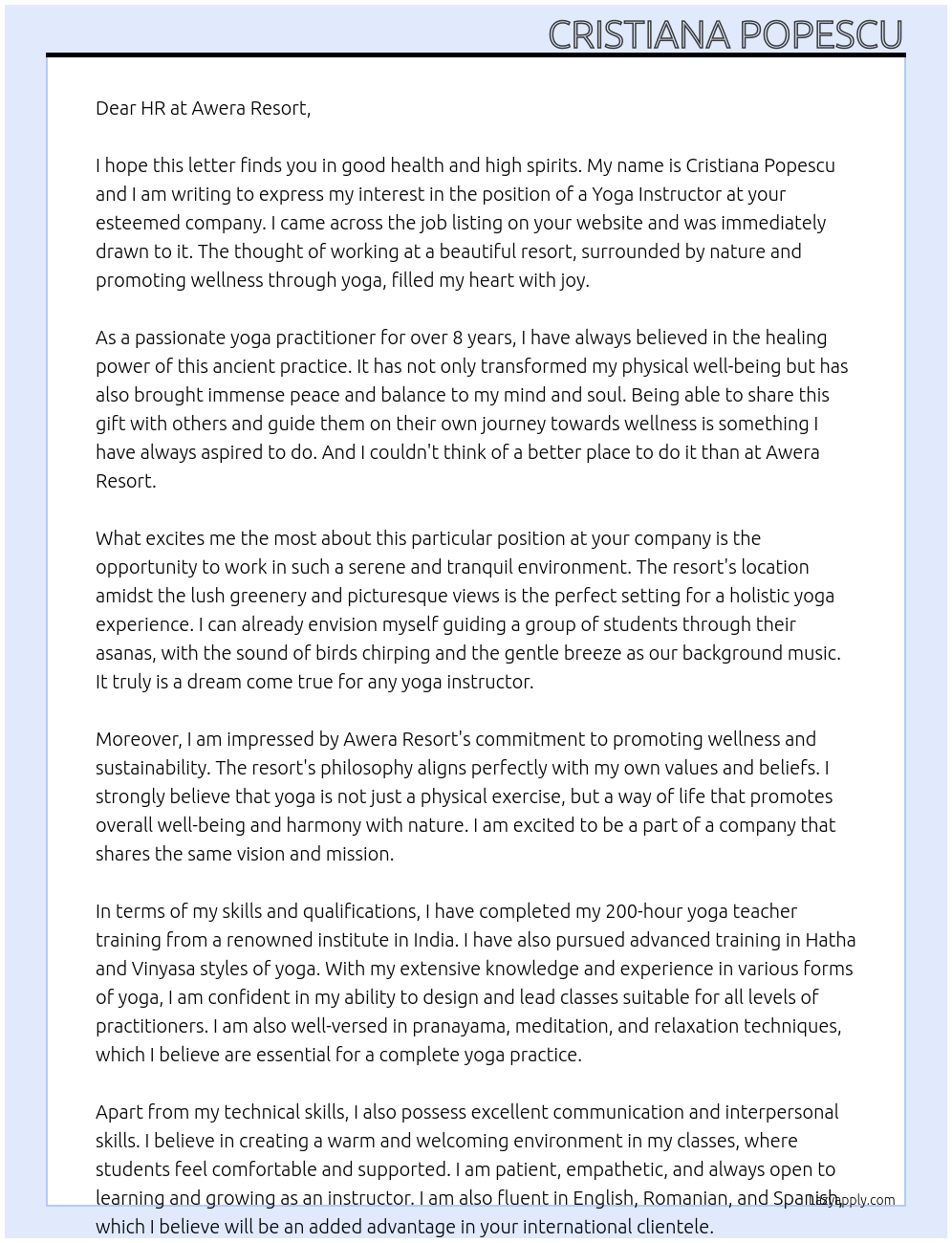 yoga instructor At Awera Resort Cover Letter