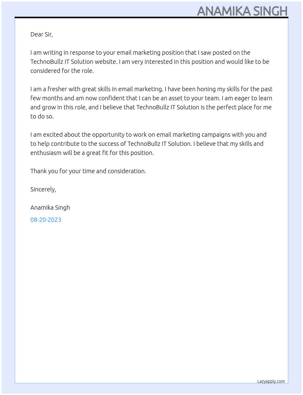 email marketing At TechnoBullz IT Solution Cover Letter