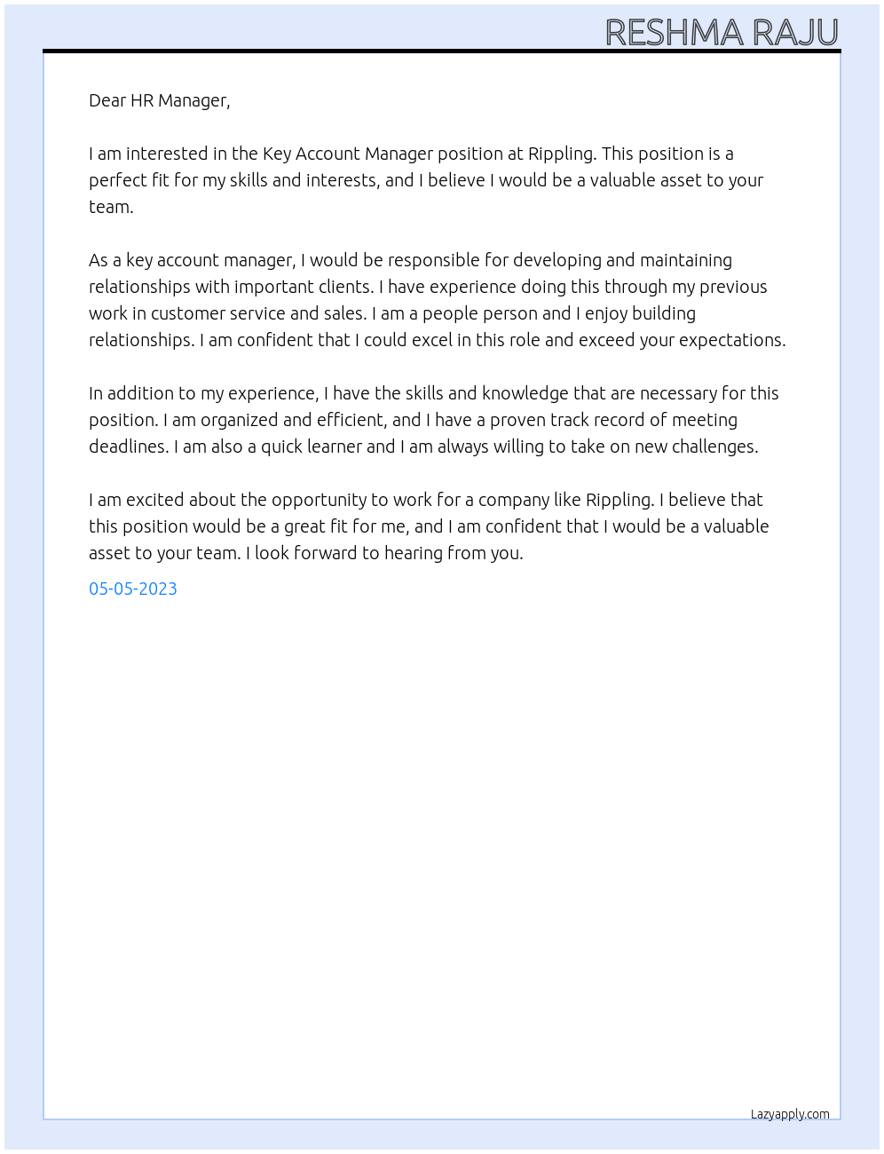 Key Account Manager At Rippling Cover Letter