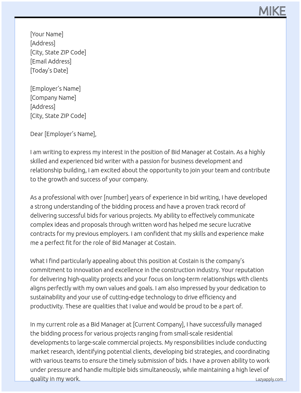 bid manager At costain Cover Letter