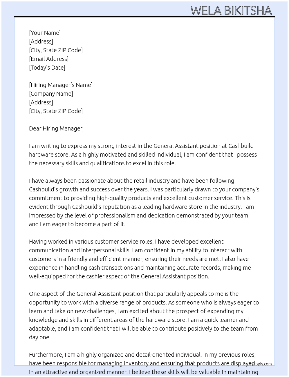 General Assistant  At Cashbuild  hardware store Cover Letter