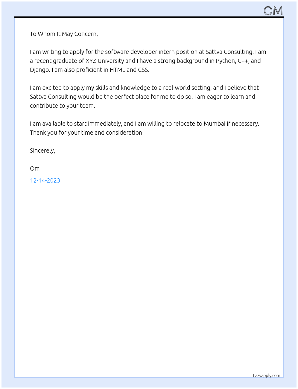 software developer intern At Sattva consulting Cover Letter