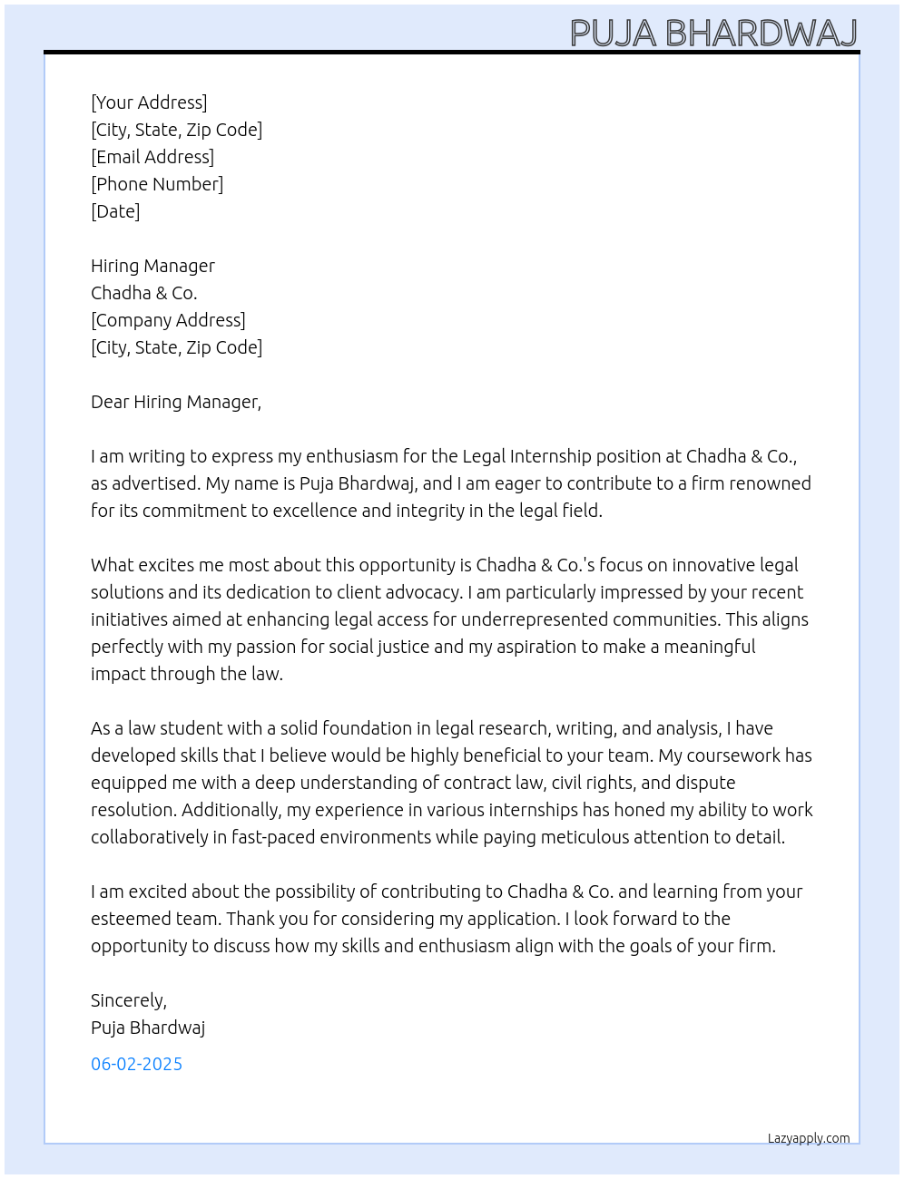 Legal internship At Chadha & Co. Cover Letter