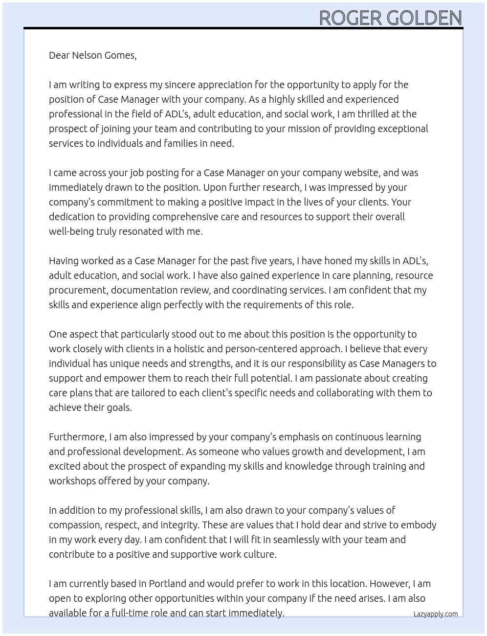 case manager At Nelson Gomes Regional Business Services Representative Cover Letter