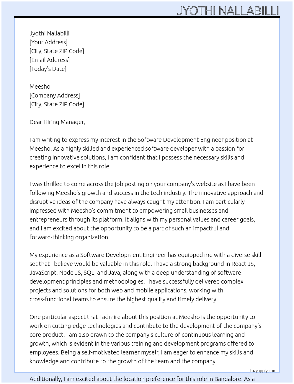 Software Development Engineer At Meesho Cover Letter