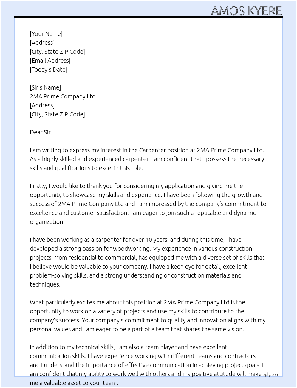 Carpenter  At 2MA Prime Company Ltd  Cover Letter