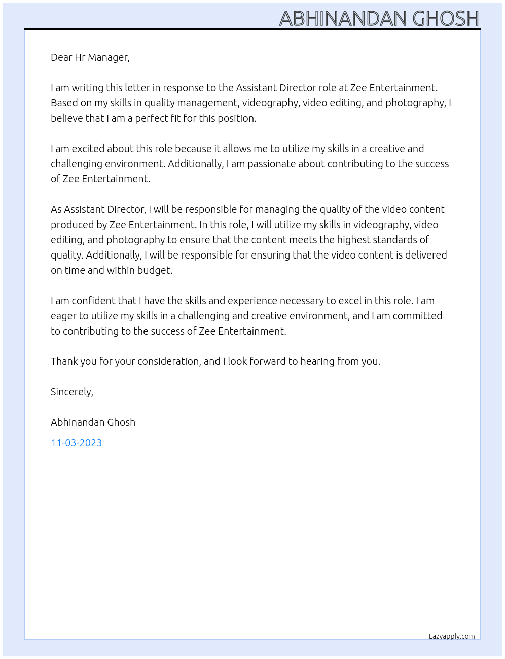 Assistant Director At Zee Entertainment Cover Letter