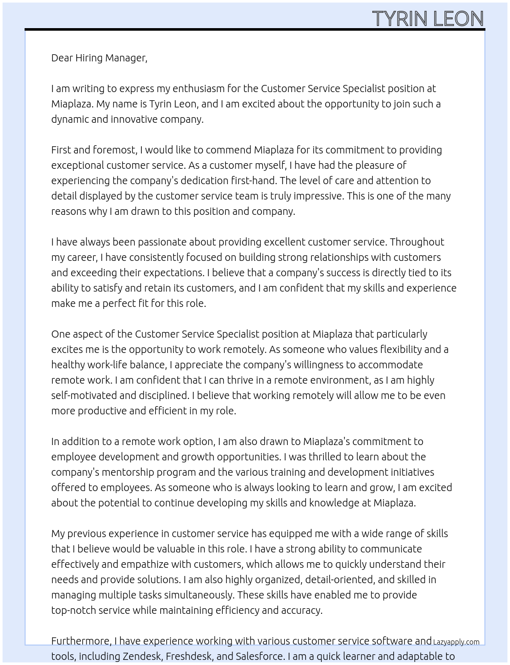Customer Service Specialist At Miaplaza Cover Letter