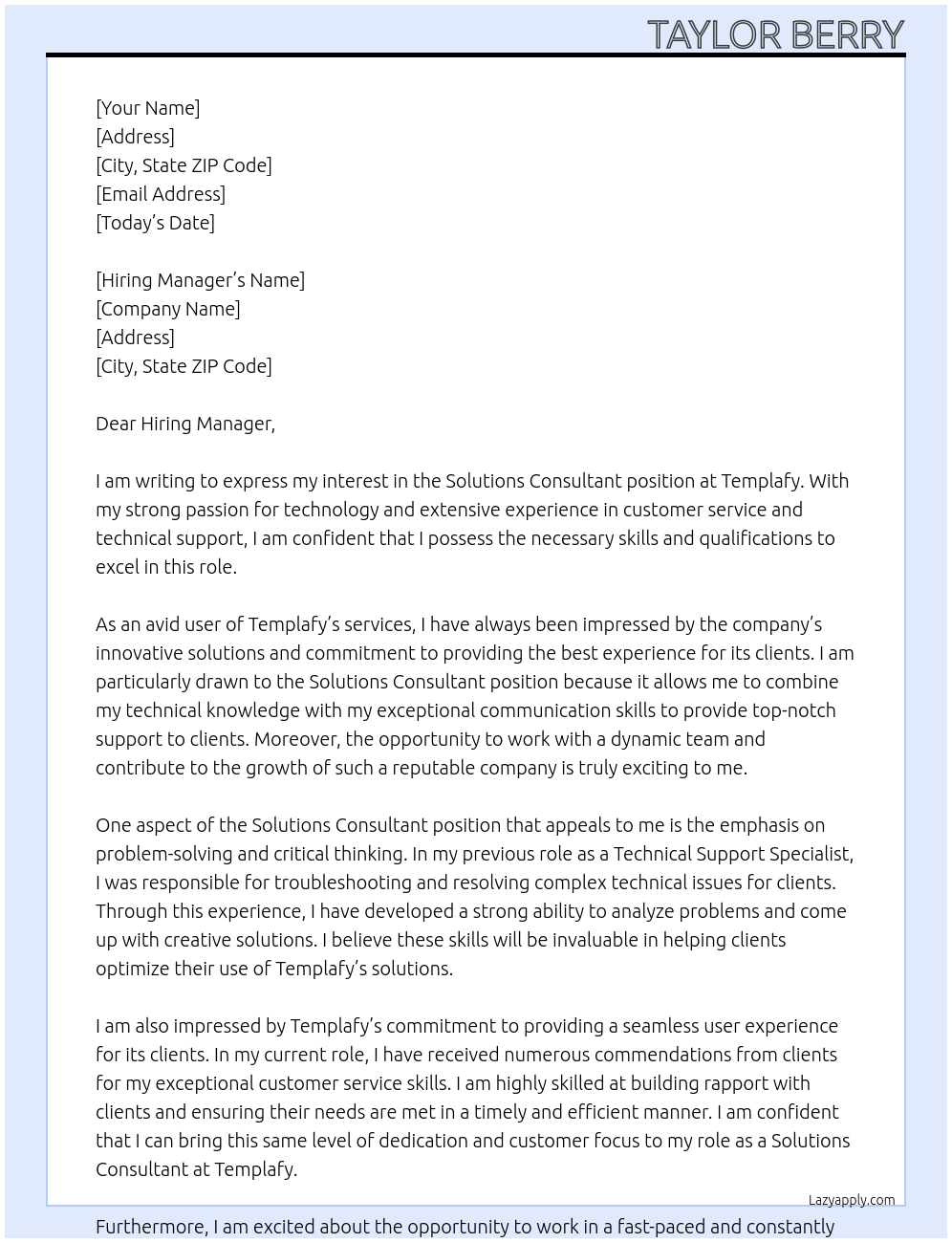 Cover letter for solutions consultant - LazyApply