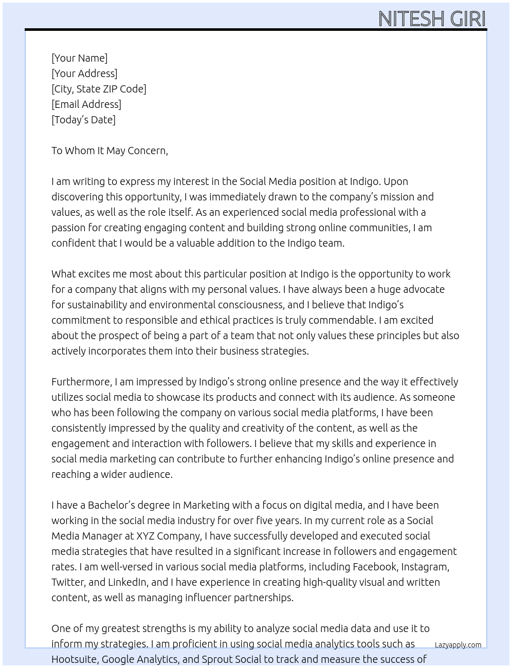 Social Media At indigo Cover Letter