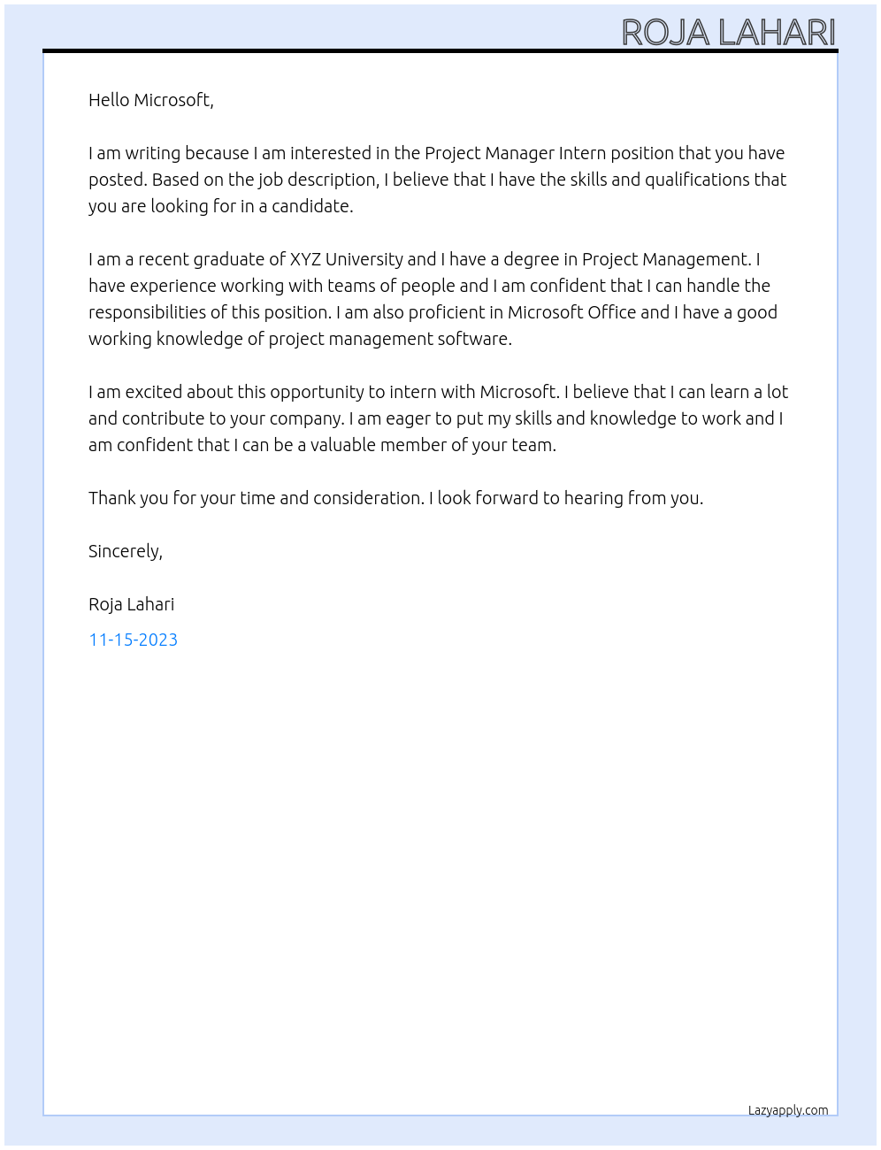 Project manager intern At microsoft Cover Letter