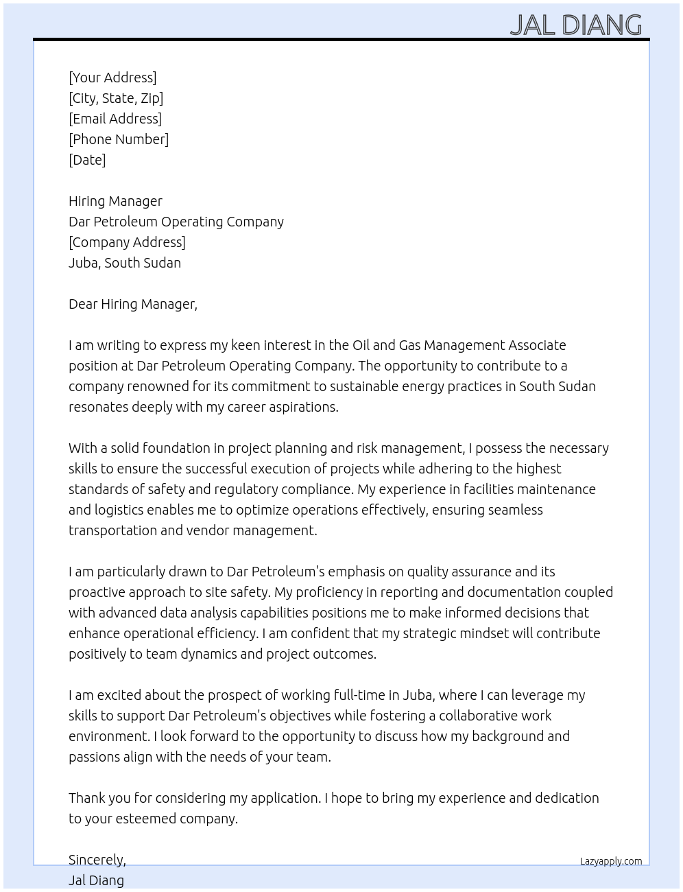 Oil and Gas Management Associate At Dar Petroleum Operating Company Cover Letter