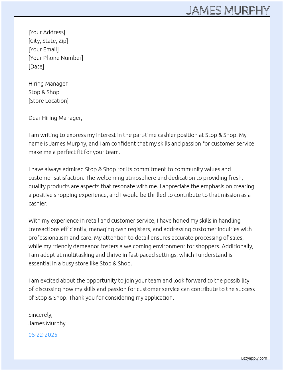 stop and shop At stop and shop Cover Letter