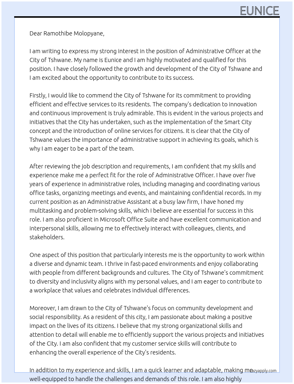 Administrative Officer At City of Tshwane Cover Letter