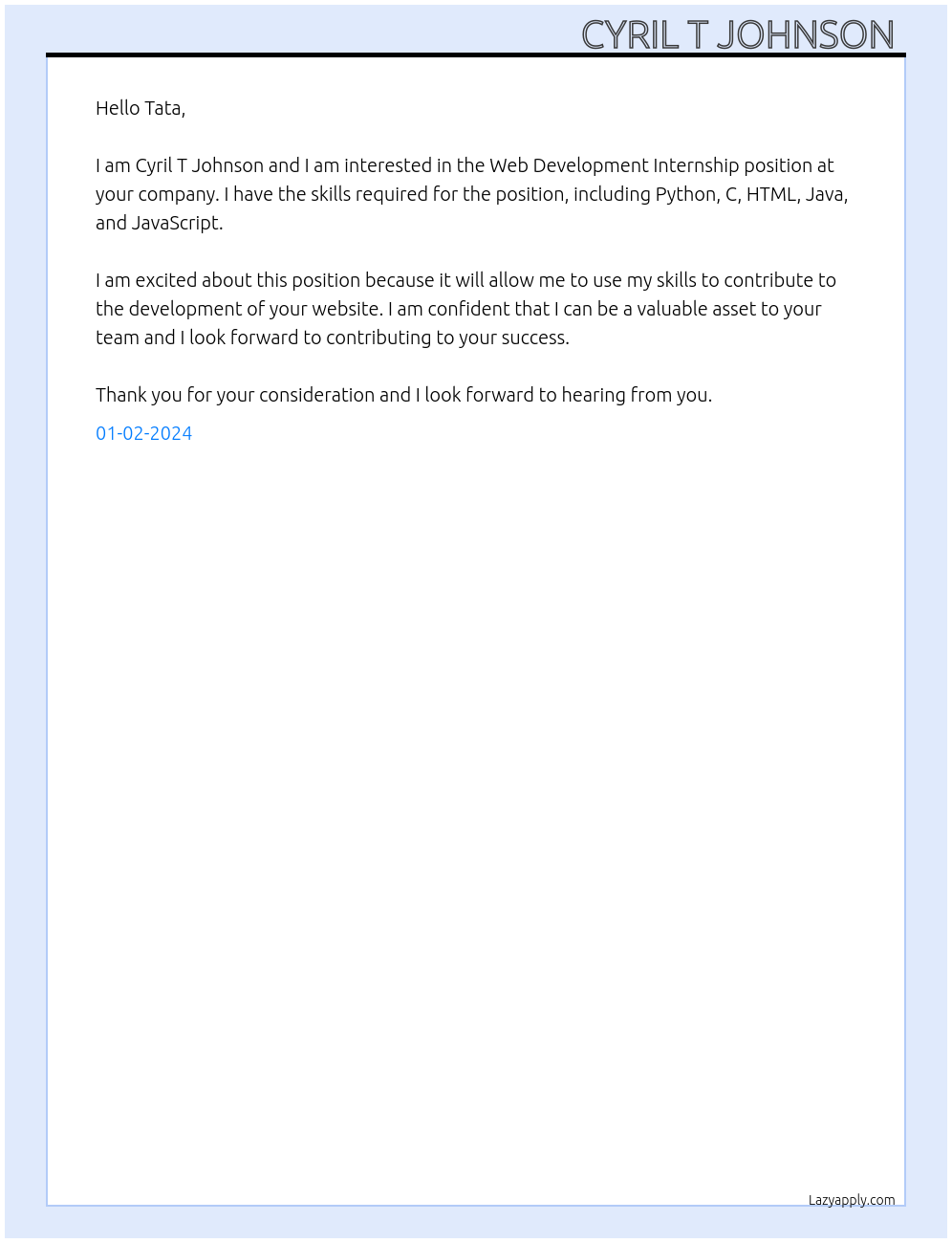 Web Development At TATA Cover Letter