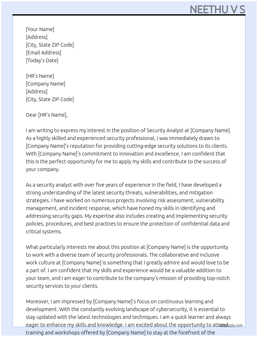 security analyst At Capegemini Cover Letter