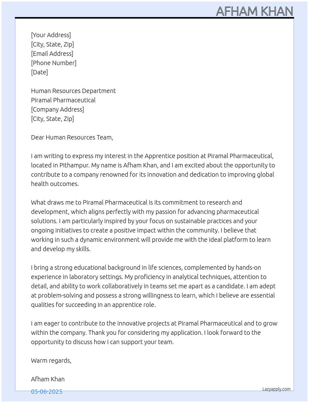 Apprentice At Piramal Pharmaceutical Cover Letter