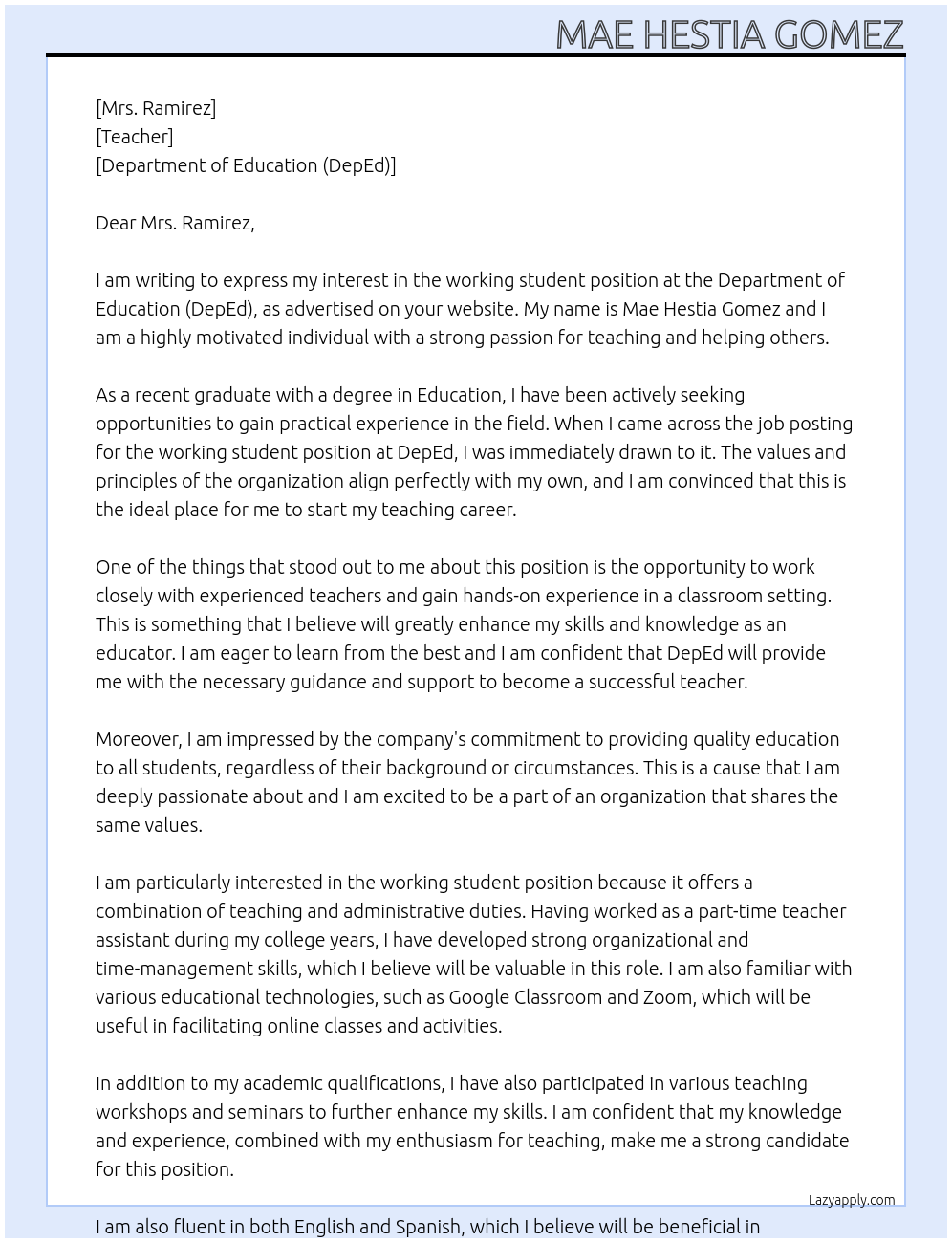 working student At deped Cover Letter