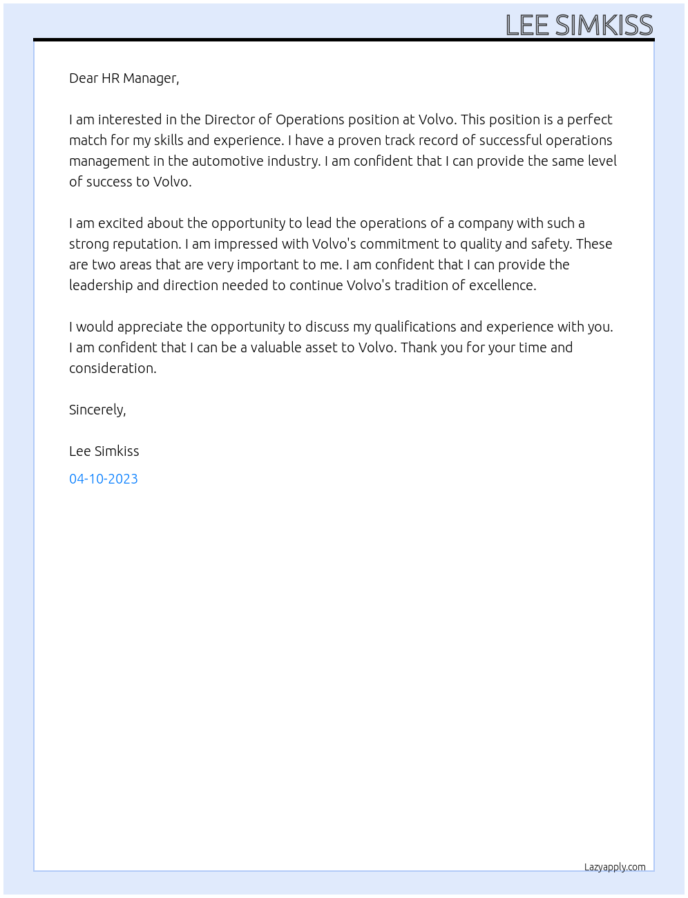 Director of operations At Volvo Cover Letter