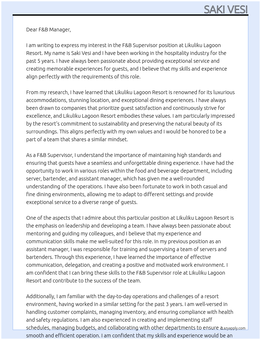 f&b supervisor At likuliku lagoon resort Cover Letter