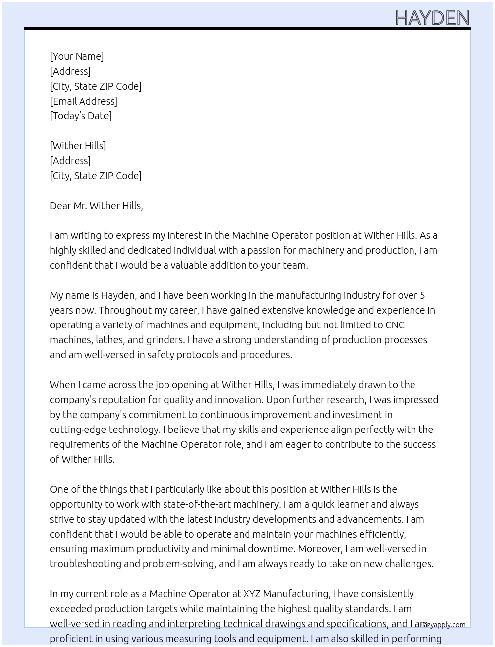 Machine operator At Wither Hills Cover Letter