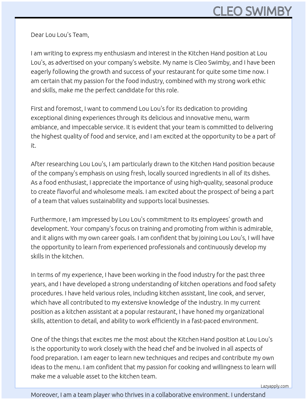 Kitchen hand At Lou Lou’s Cover Letter