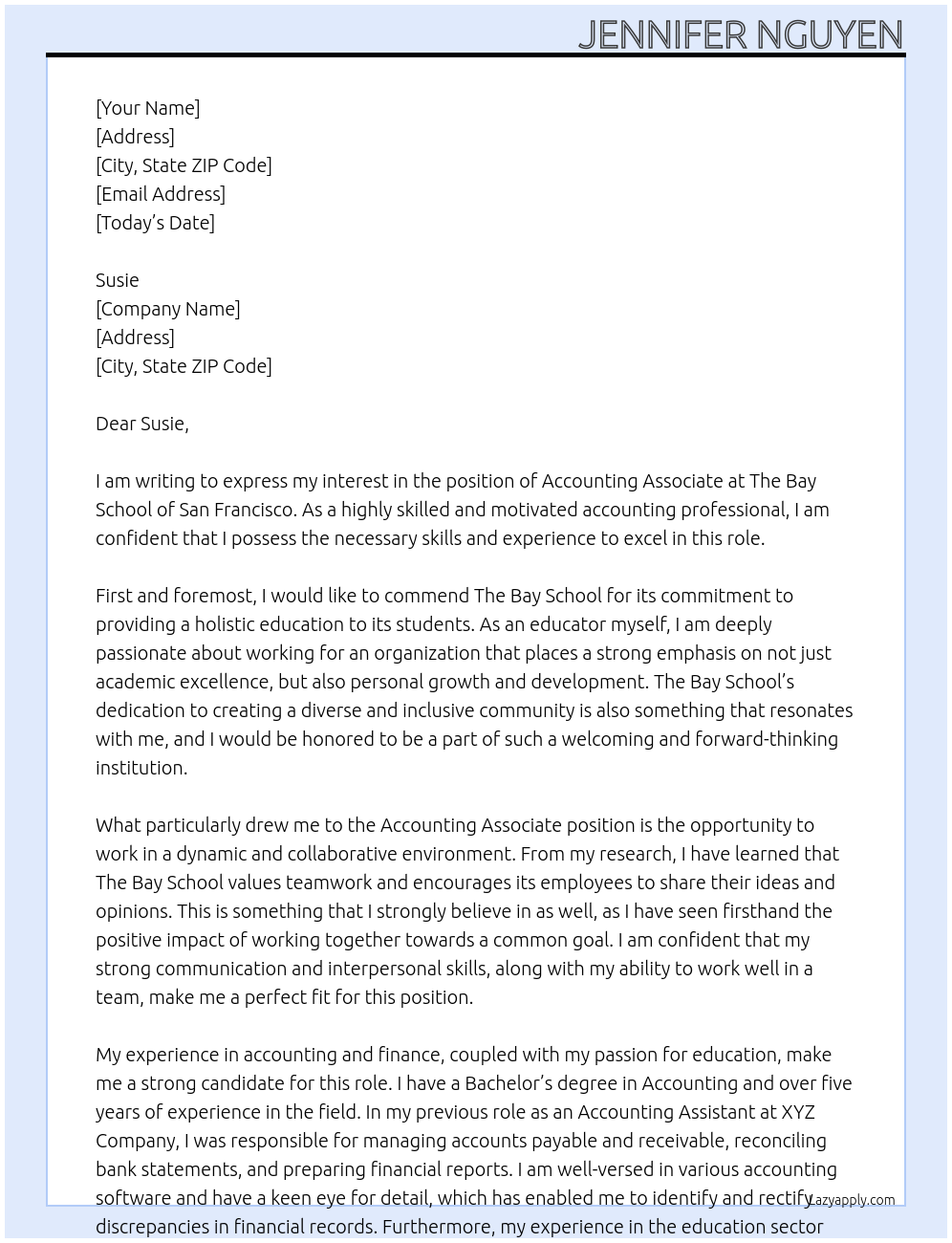 accounting associate At the bay school of san francisco Cover Letter