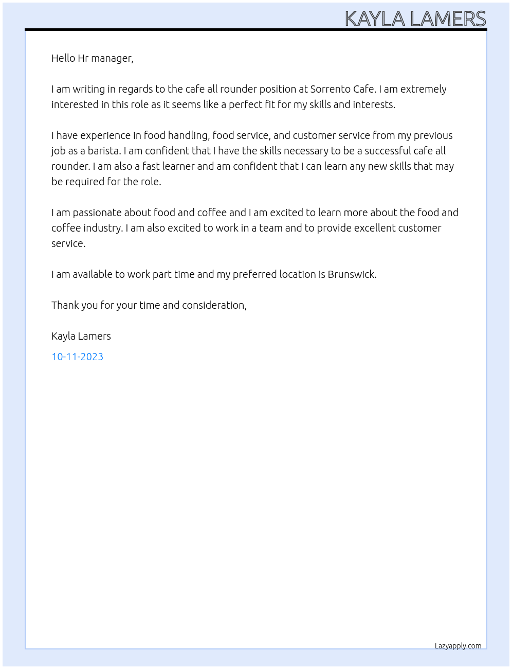 Cafe All rounder At Sorrento Cafe Cover Letter