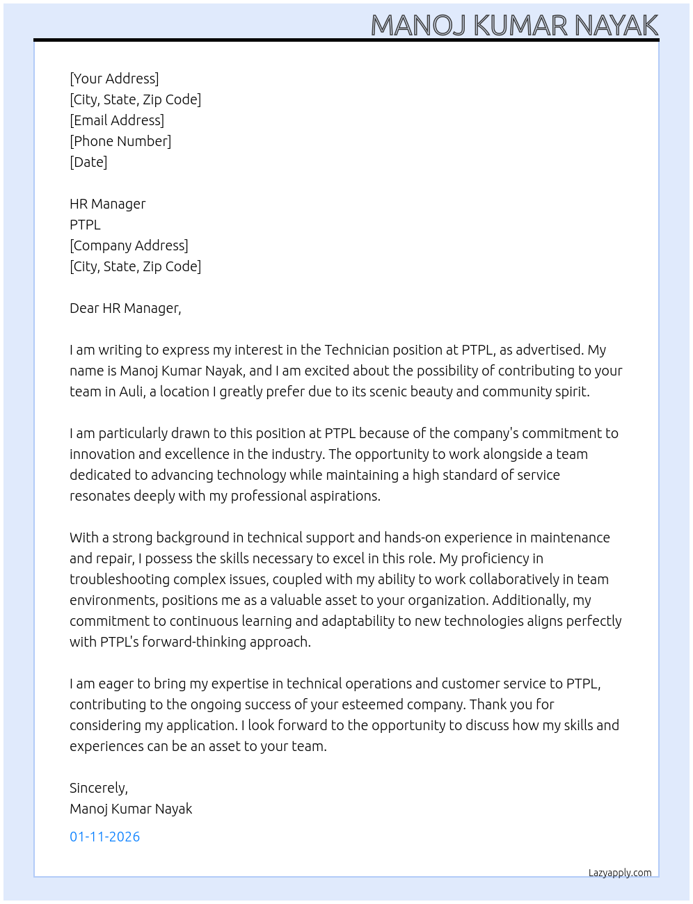 Technician At PTPL Cover Letter