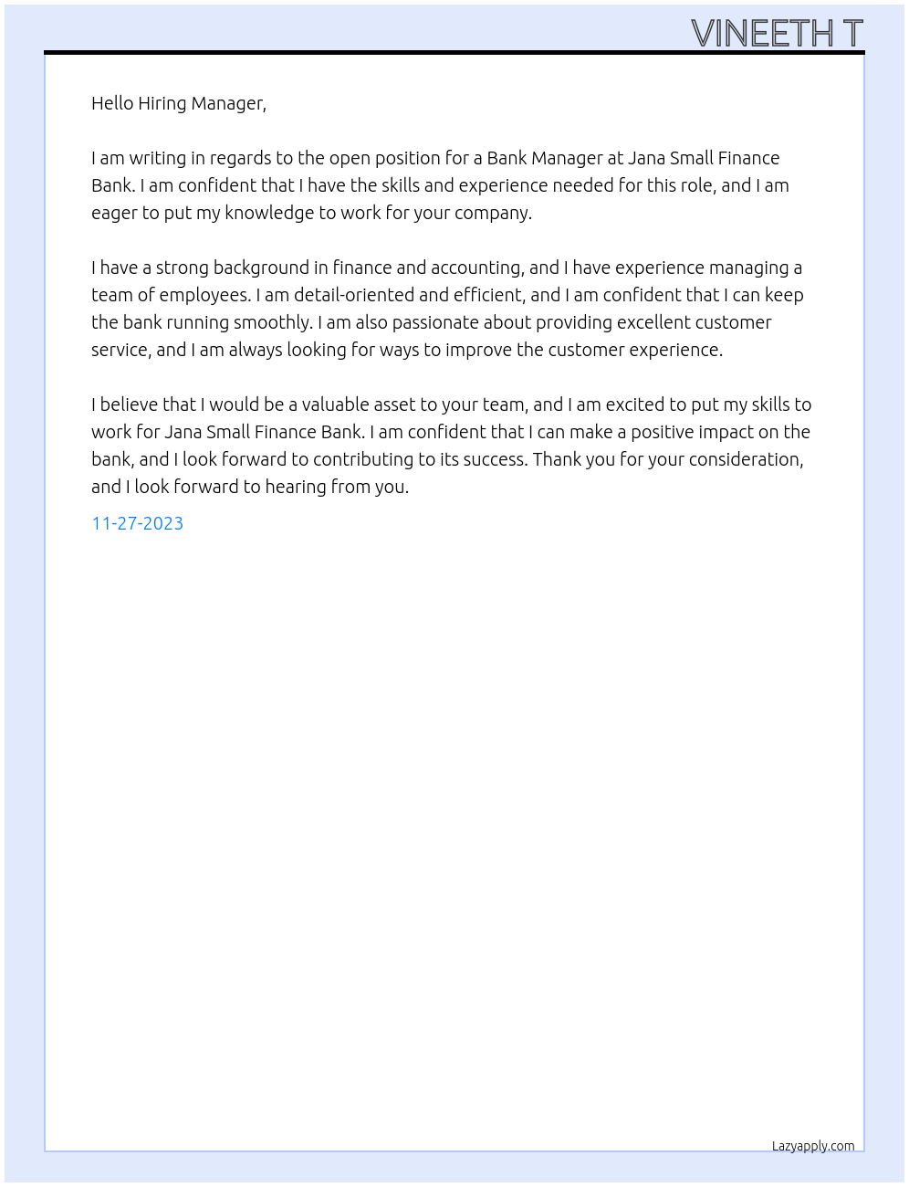 BANK MANAGER At JANA SMALL FINANCE BANK Cover Letter