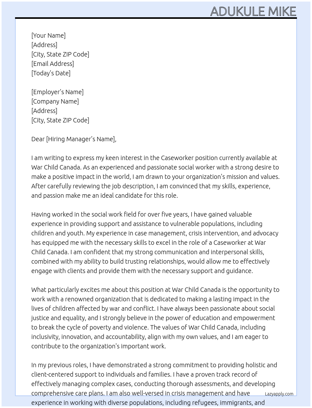 caseworker At war child canada Cover Letter