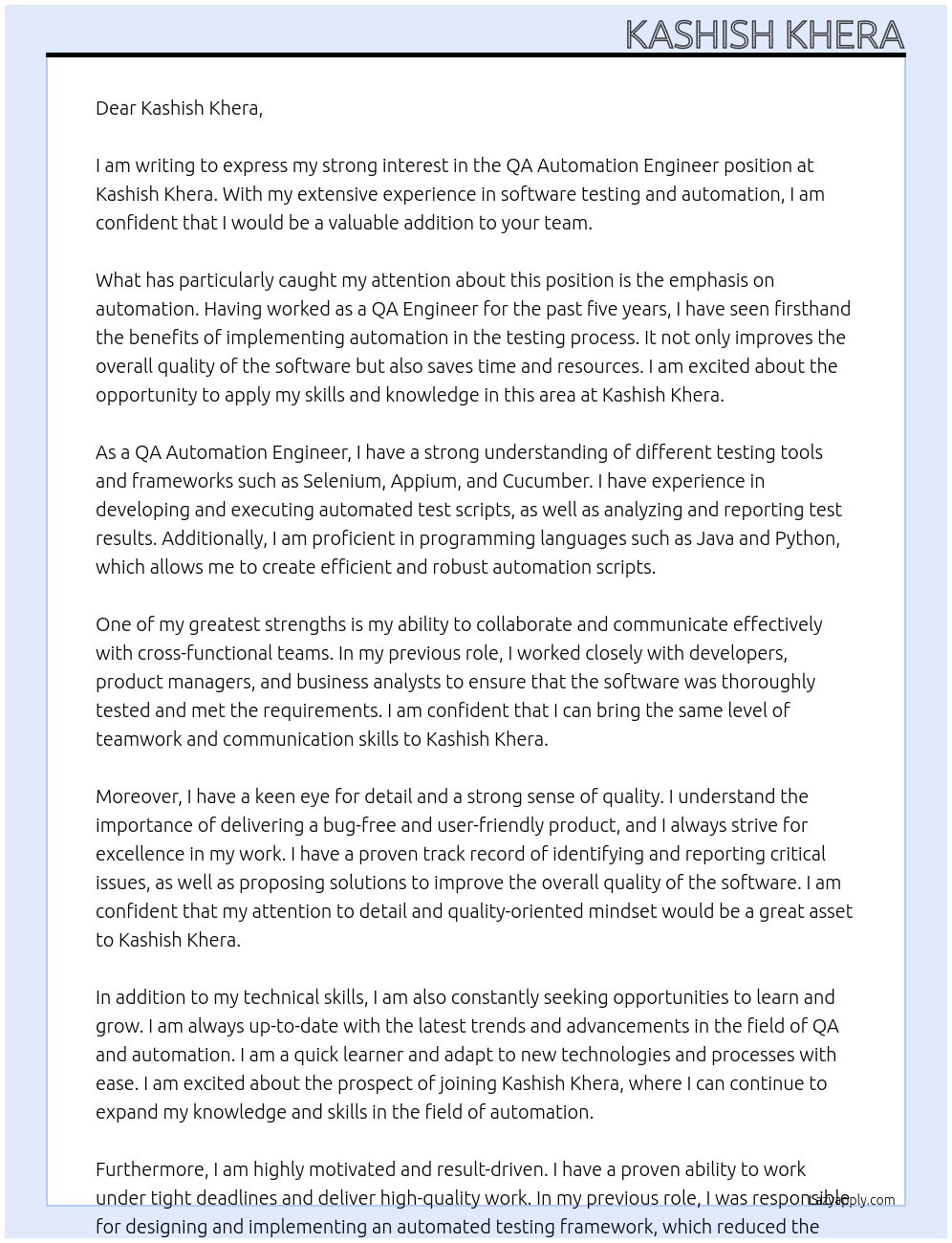 QA Automation Engineer At Kashish Khera Cover Letter