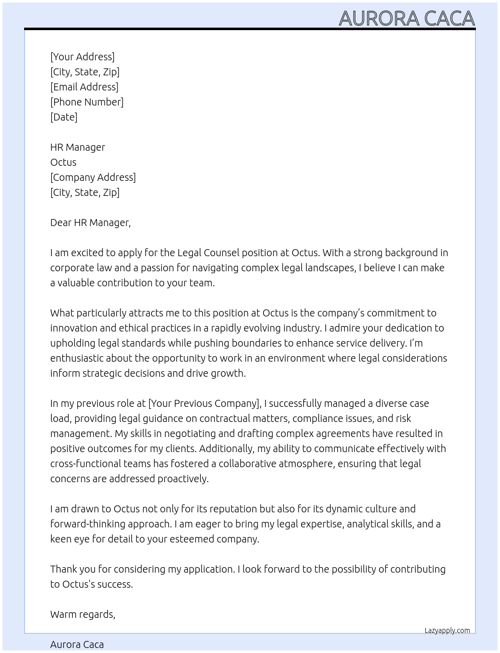 Legal counsel At Octus Cover Letter