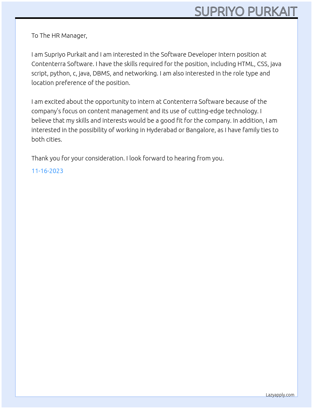 Software Developer Intern At Contenterra Software Cover Letter