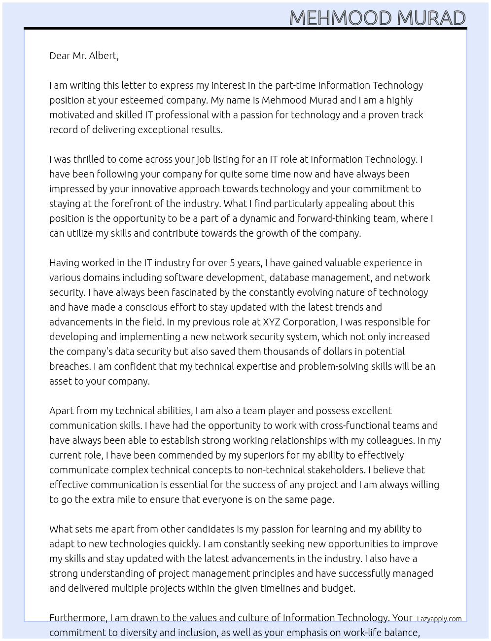 Information Technology At Information Technology Cover Letter