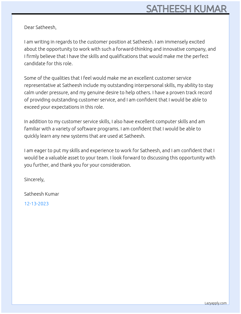 Customer  At Satheesh  Cover Letter