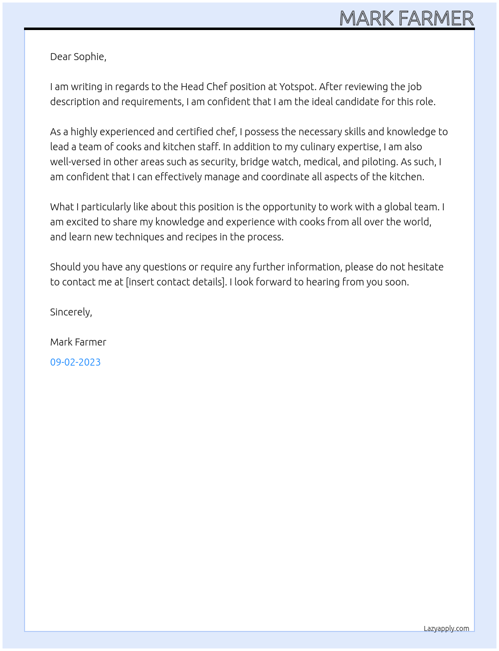 Head Chef At Yotspot Cover Letter