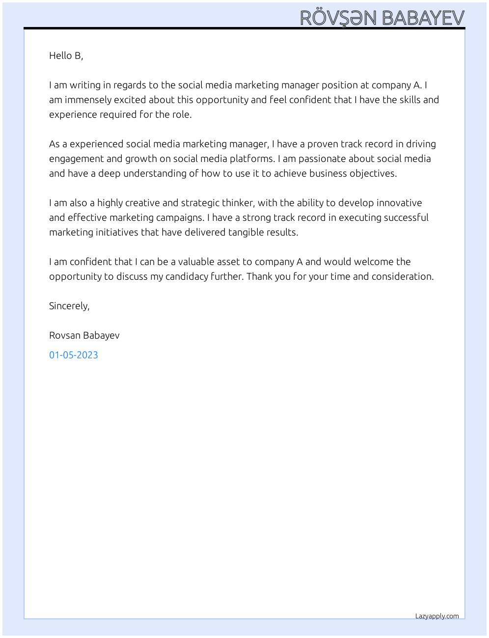 Social media marketing manager At a Cover Letter