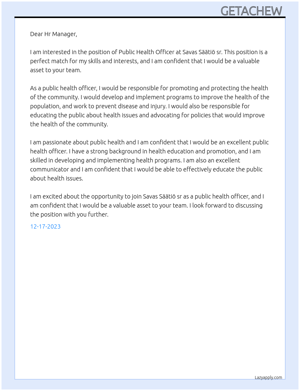 Public health officer At Savas Säätiö sr Cover Letter