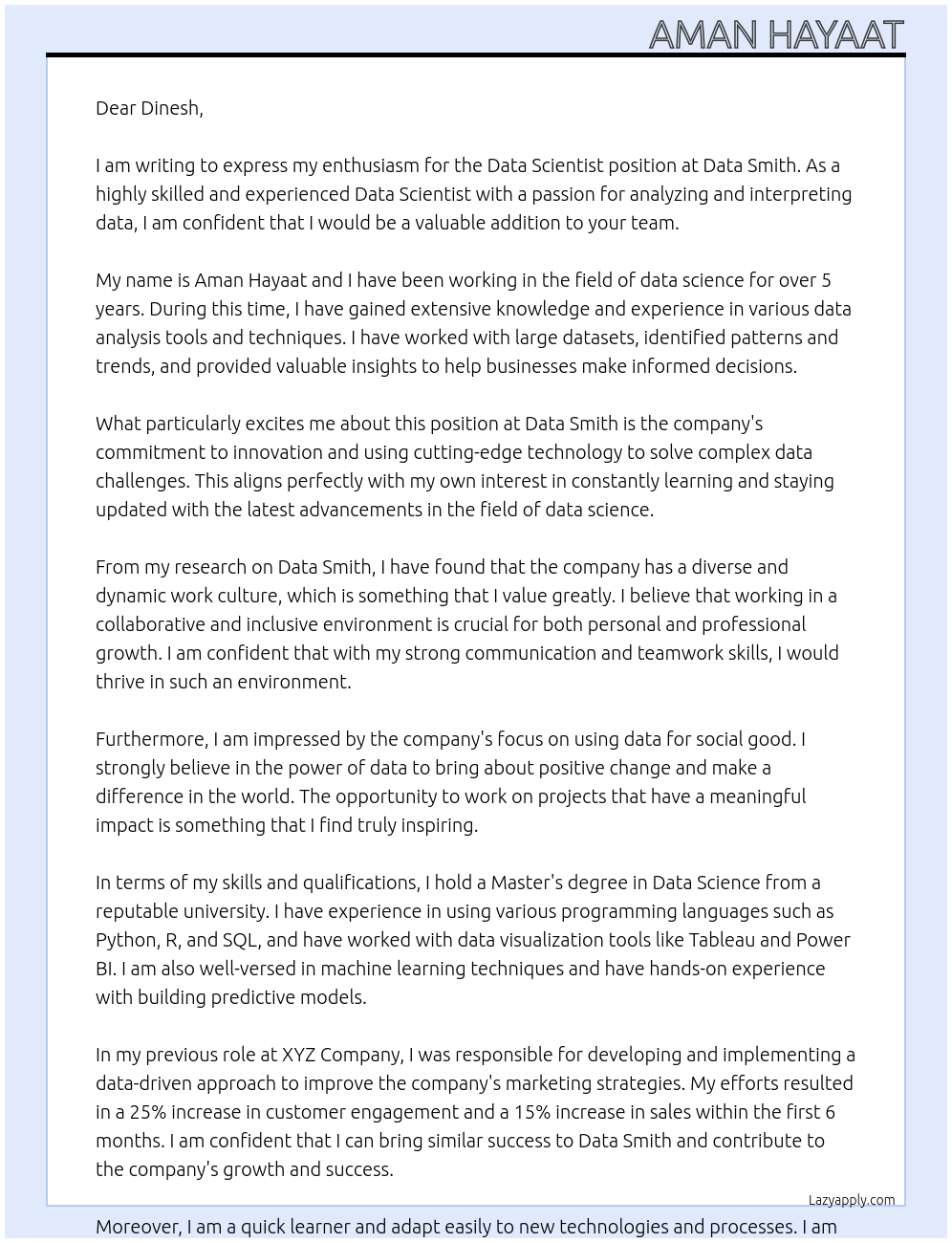 Data Scientist At Data Smith Cover Letter