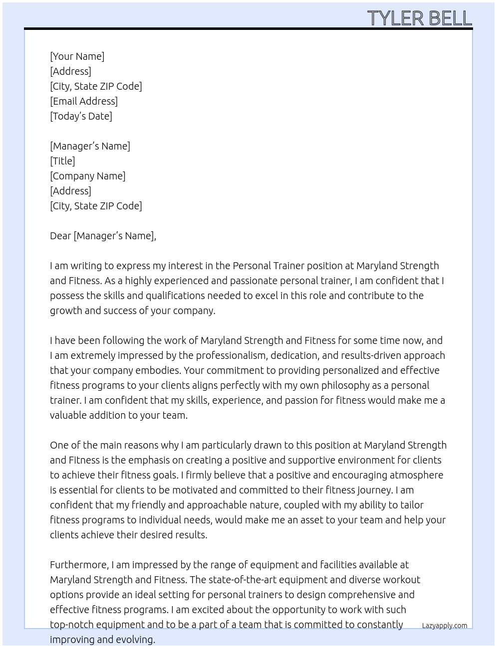 Personal trainer At Maryland strength and fitness Cover Letter